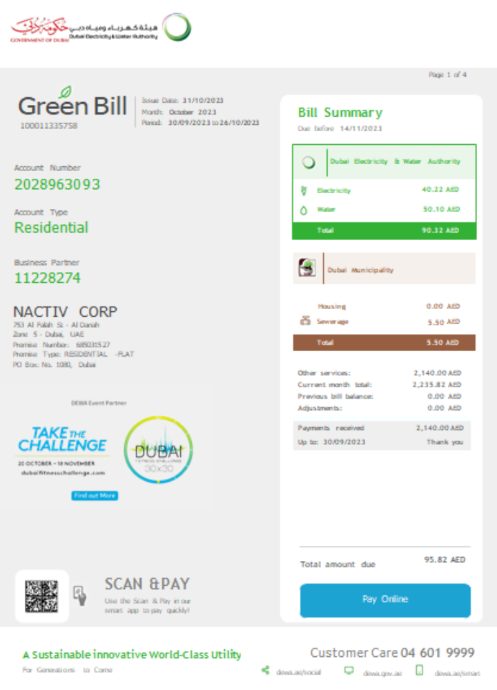 Dubai Electricity & Water Authority utility business bill SCR page 1 PSD template